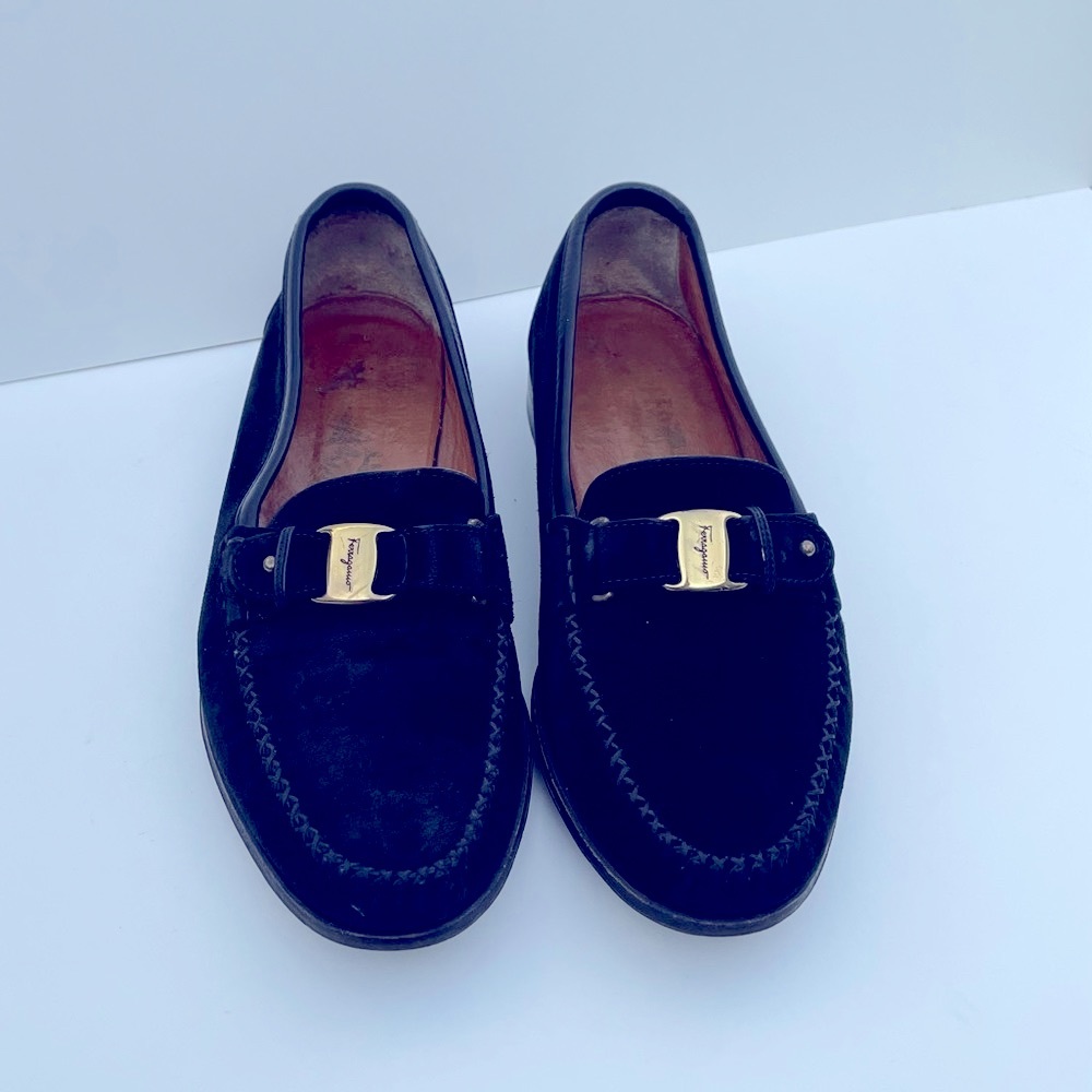 Vintage Salvatore Ferragamo Loafer Shoes - Black Suede Leather And Gold Size 8